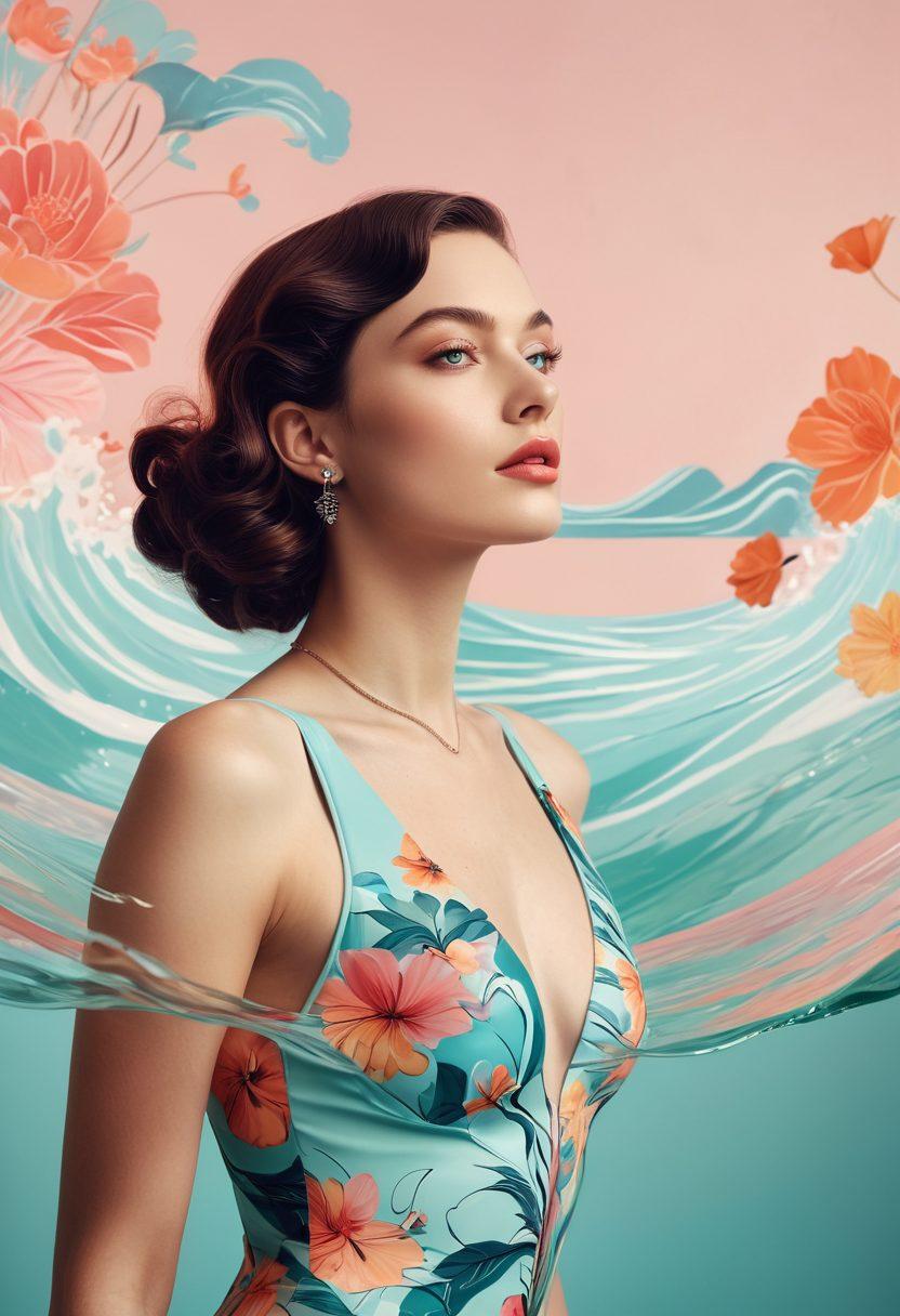 A captivating half-submerged silhouette of a woman in a striking swimsuit, surrounded by playful waves that hint at both vintage and modern styles. Soft pastel colors mix with bold accents to evoke a sense of fantasy while maintaining an air of seduction. Include delicate floral elements in the background to represent femininity and allure. Emphasize the contrast between playful innocence and adult sophistication. vibrant colors. super-realistic. art deco style.